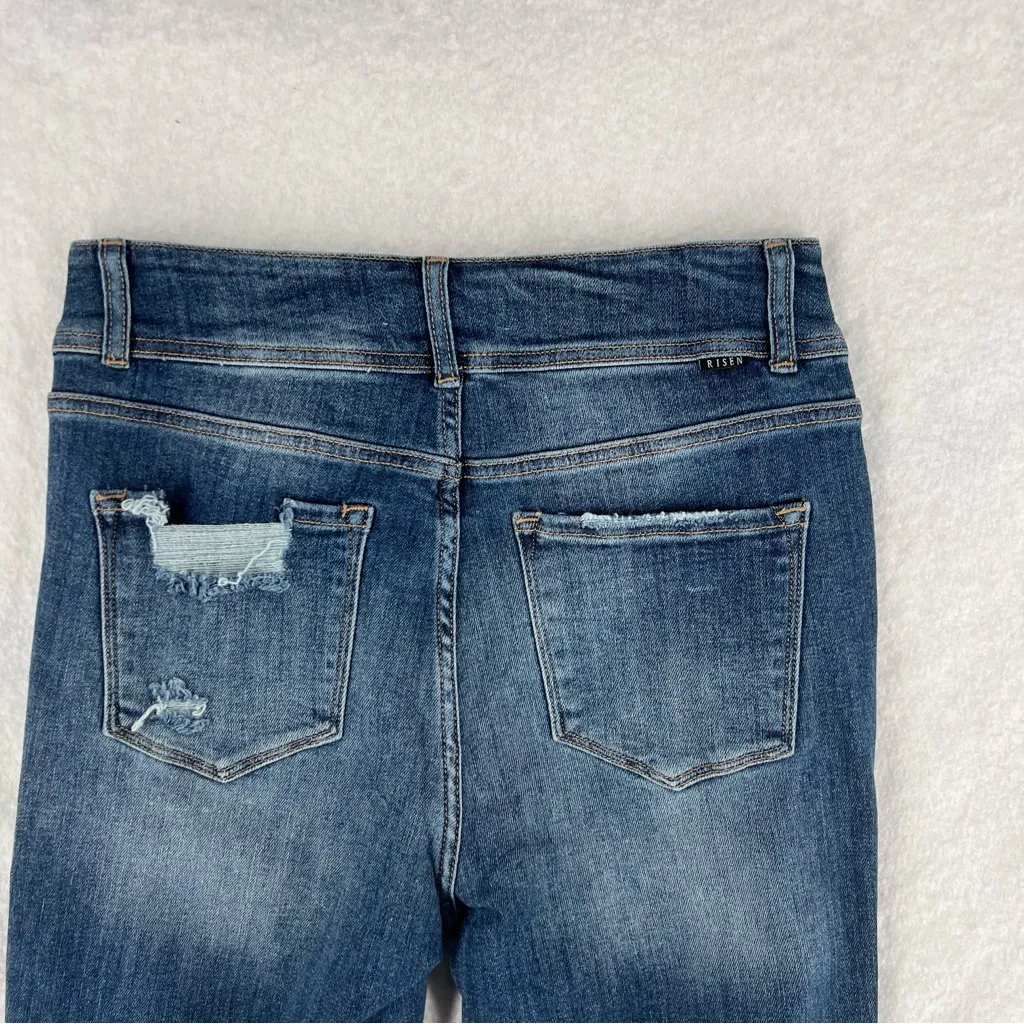 RISEN High Rise Stretch Distressed Denim Destroyed Hem Crop Jeans Size 13/31 Blue - Image 7