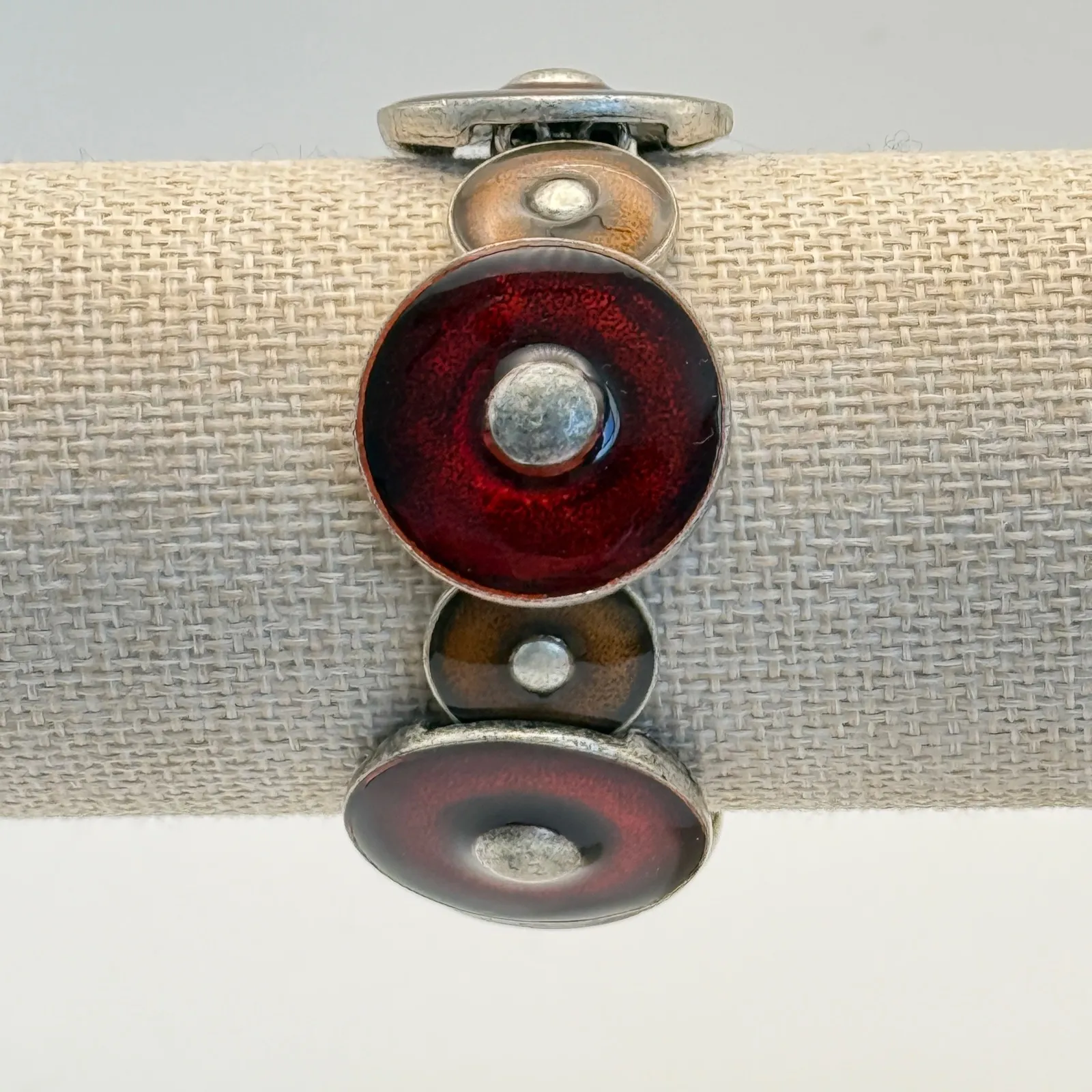 Silver Tone Red Brown Enamel‎ Geometric Stretch Bracelet Womens Jewelry - Image 4