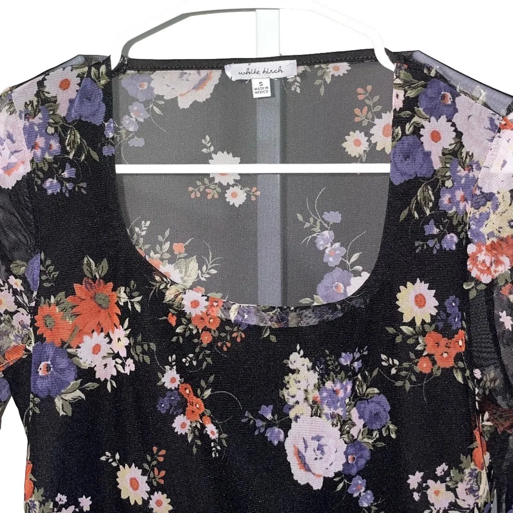 White Birch Dark Floral Sheer Long Sleeve Bodysuit Women Small Y2K Top Going Out - Image 3