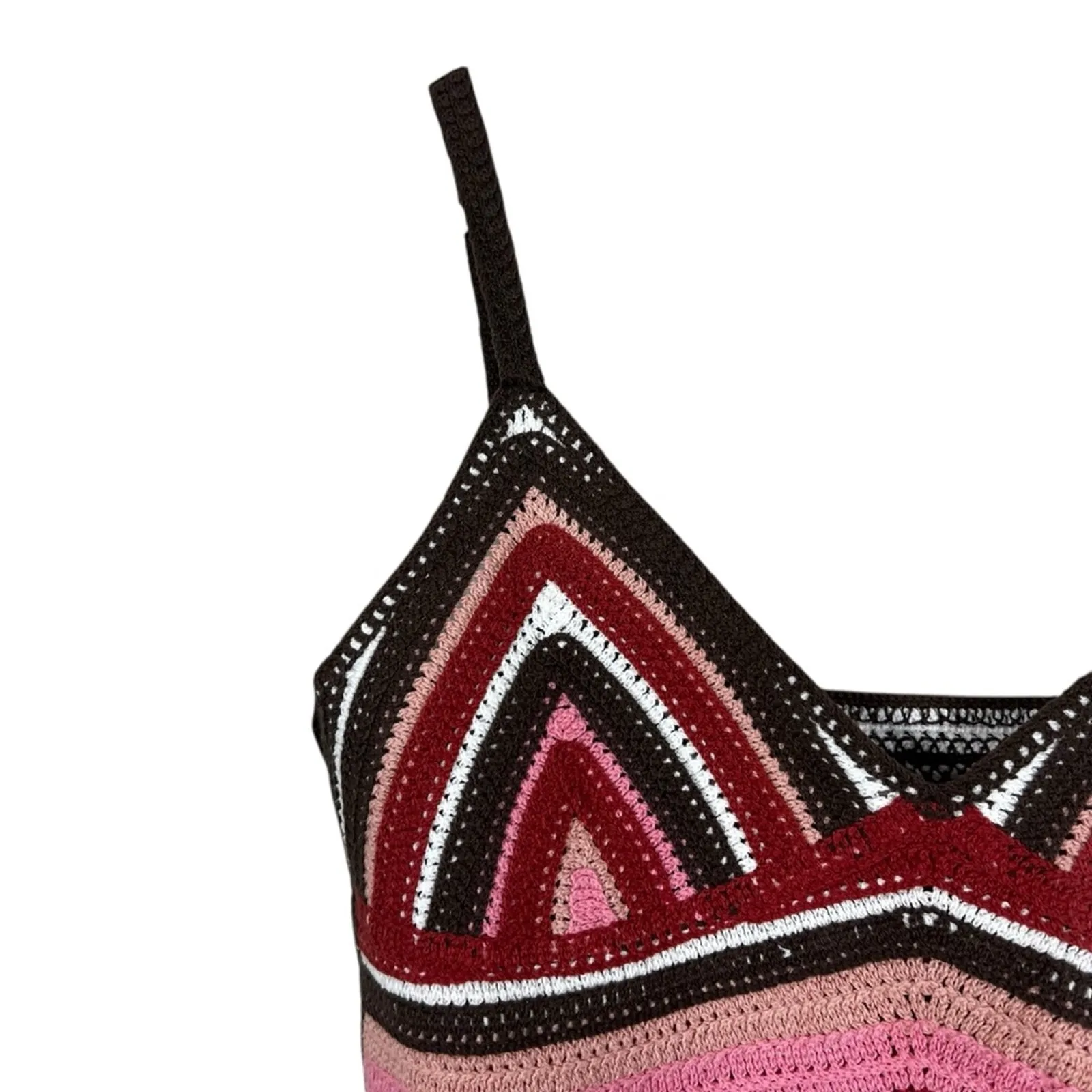 Crochet Knit Tank Top Womens L Pink Brown Cropped Boho Cottagecore 70s Retro - Image 3