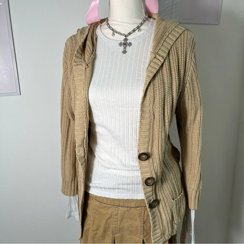 Vintage‎ Y2K Aeropostale Tan Button Hooded Knit Cardigan Chunky Womens Medium - Image 2