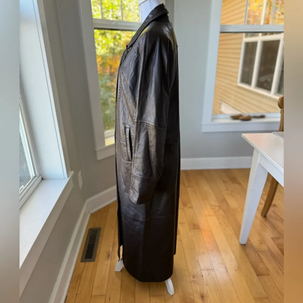 Vintage Studio Works Chocolate Brown Ankle Length Leather Trench Coat Size Small - Image 12