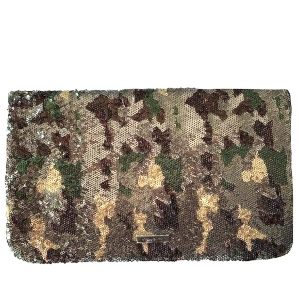 BCBGMAXAZRIA Sequin Camo Foldover Clutch Wallet Green Gold Brown Black Large NYE - Image 2