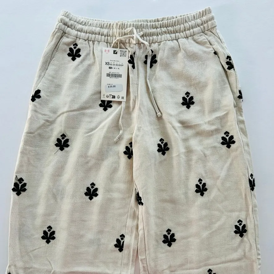 ZARA Embroidered Wide Leg Linen Blend Pant Cream Black NEW Size XS - Image 4