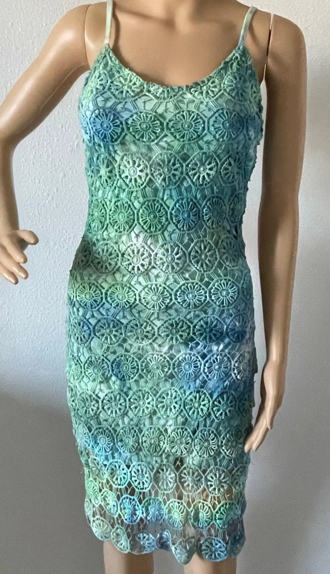 . Tie Dyed Crochet Mini Dress Blue Green White Size 4 - Image 3