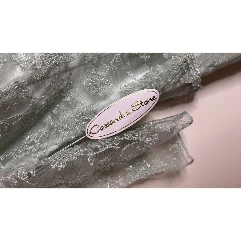 vtg Cassandra Stone Dress Womens 8 Sage Green Lace Gown Formal Evening Beaded - Image 5