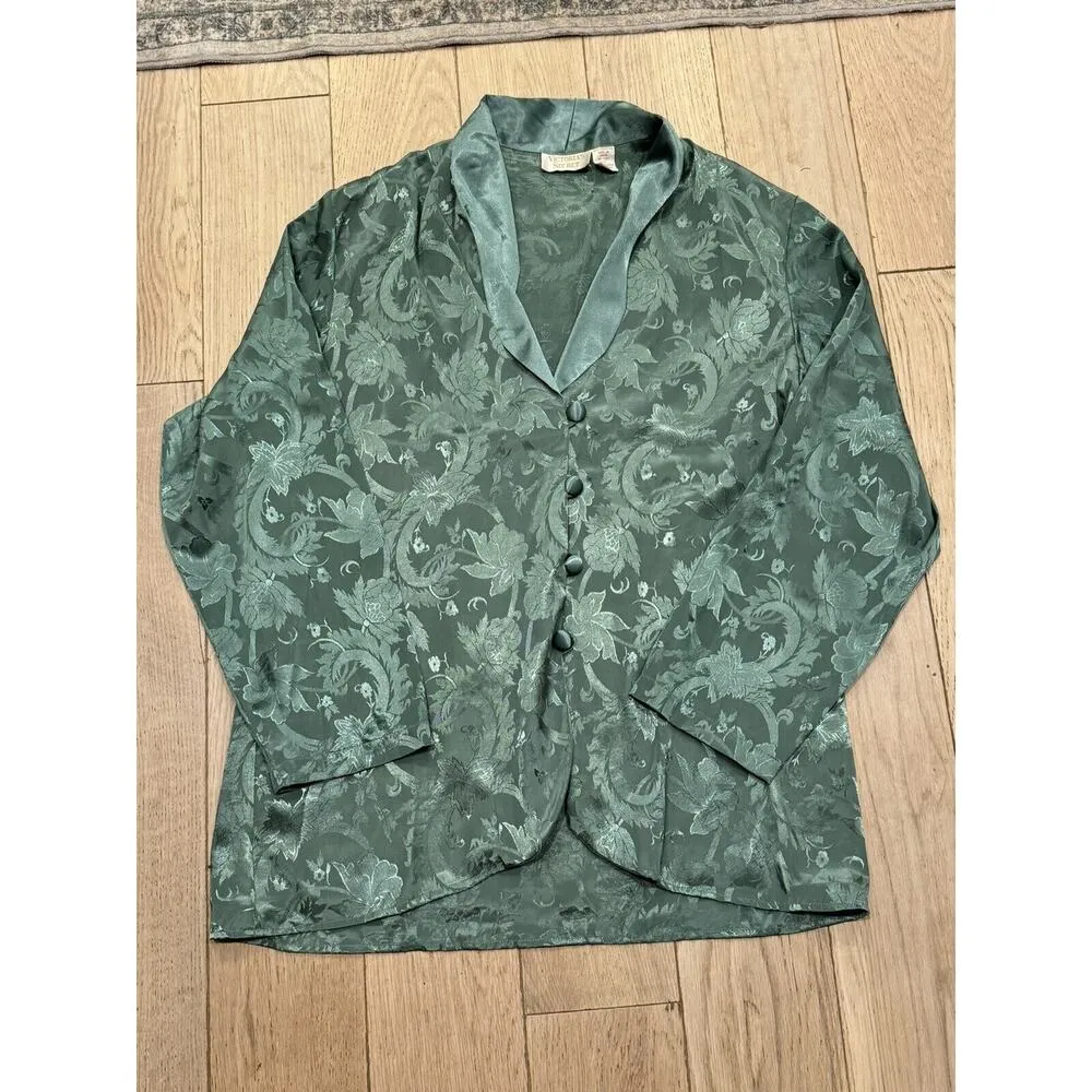 Vintage Victoria Secret Gold Label Medium Satin Floral Dark‎ Teal Sleep Shirt - Image 3