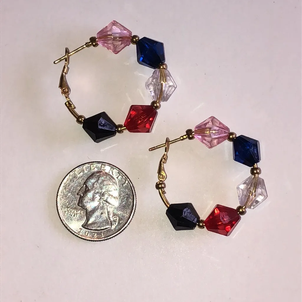 Multicolor Beaded Gold Tone Boho Hoop Earrings Red - Image 3