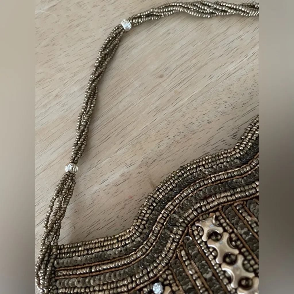 handcrafted gold and brown beaded clutch purse with crystal accents, rope strap - Image 3