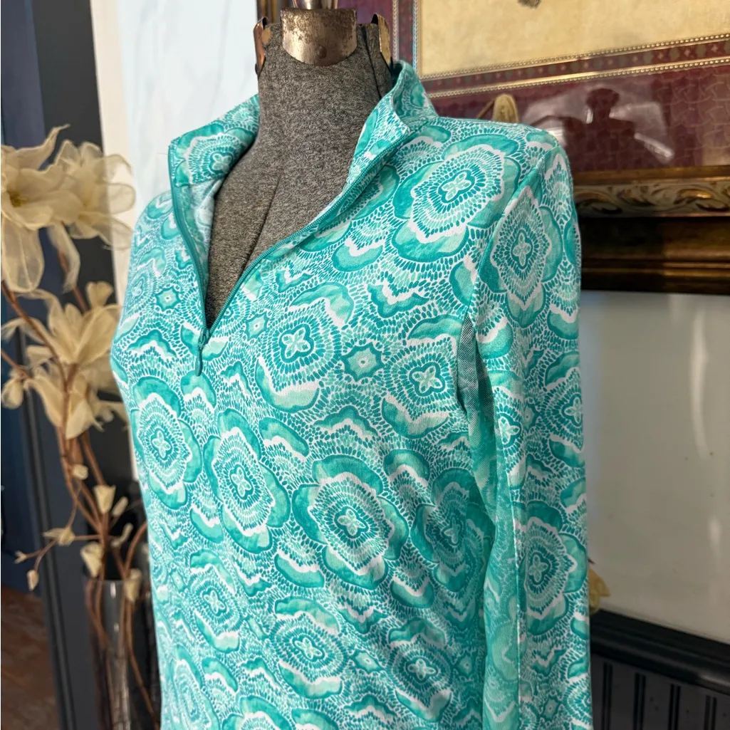 IBKUL Medallion Print 1/4 Zip Mock Neck UPF 50 Mesh Vents Top ~ Size XS 💚🍄 Blue - Image 2