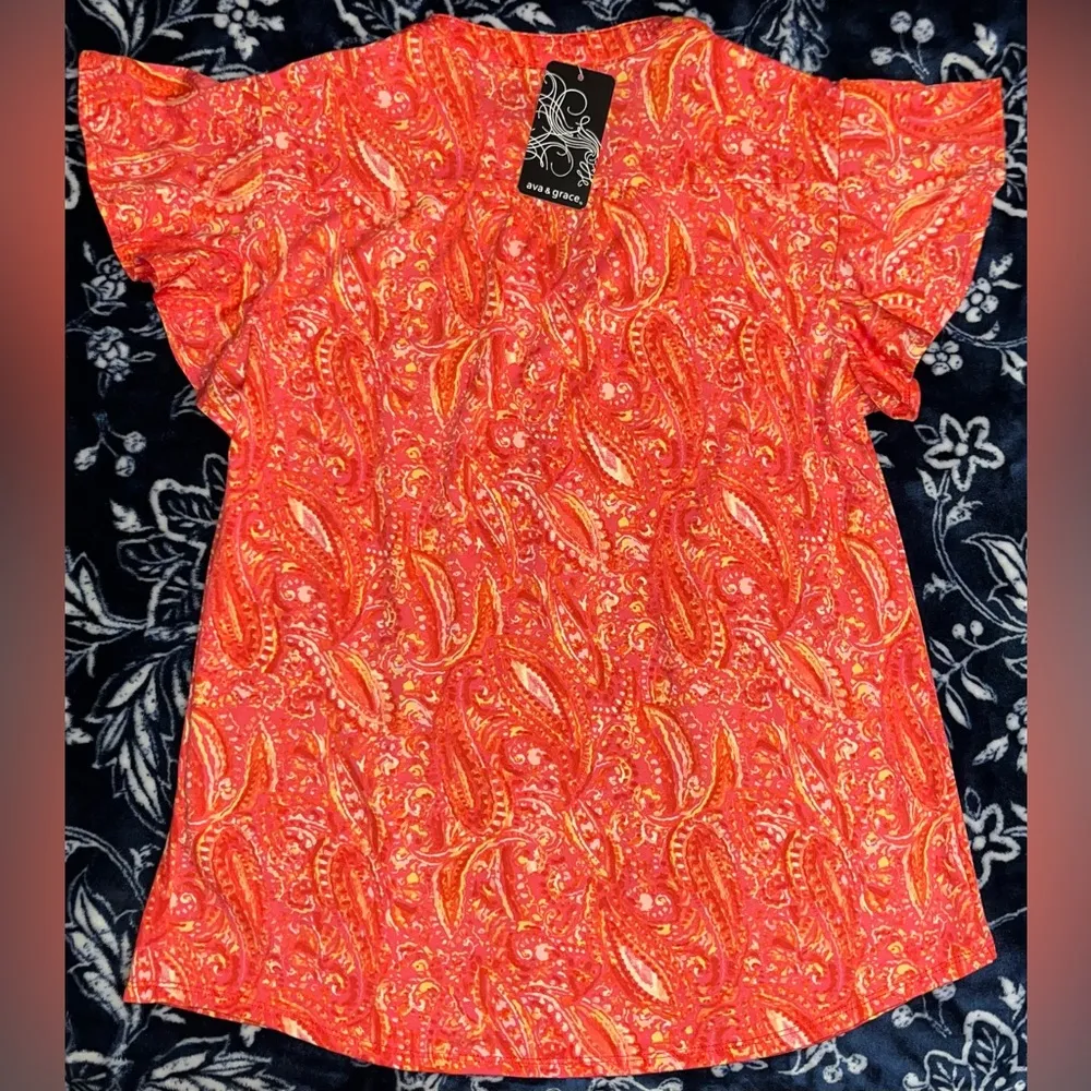 NWT Ava & Grace Women's Printed Flutter Sleeve Blouse 18” P2P Orange - Image 4