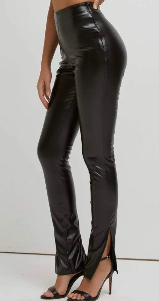 Side Slit Hem PU Leather Pants Black Size L - Image 5