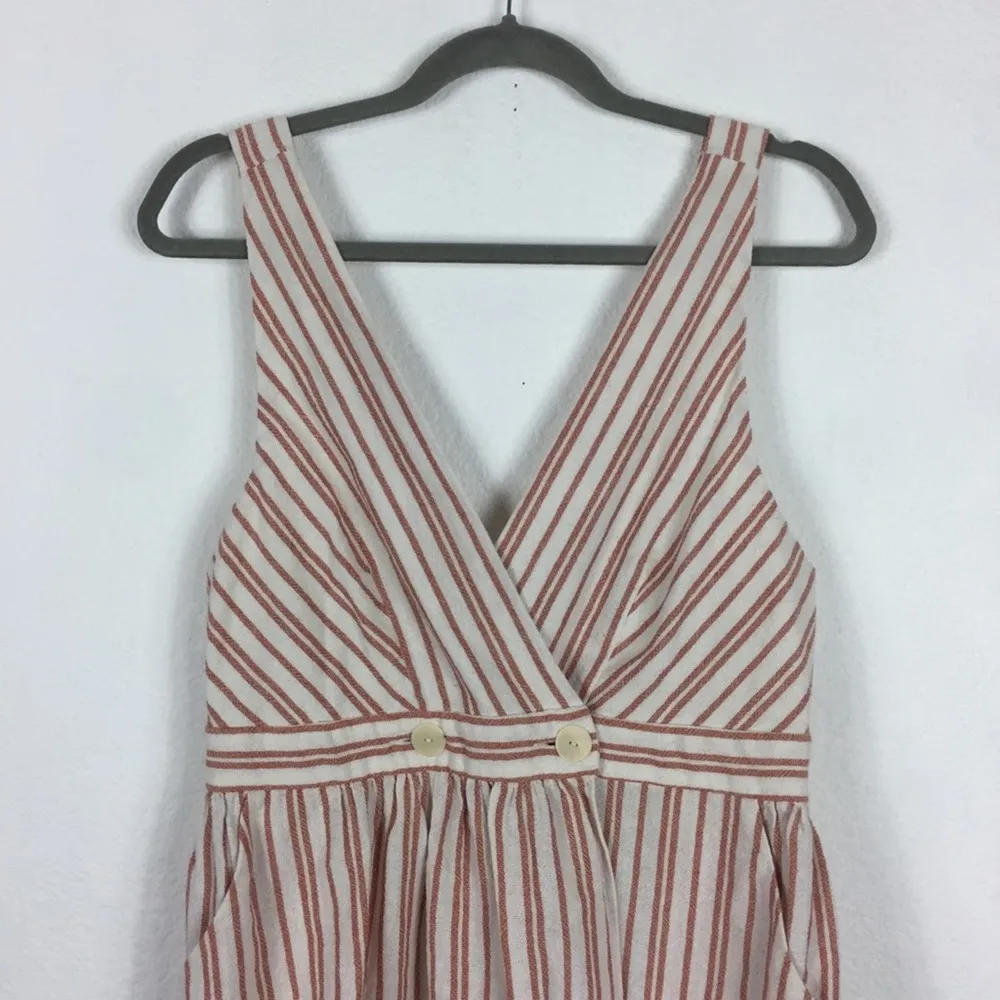 Zara Red Cream Stripe Button Crossover Bib Linen Mini Dress Large - Image 4