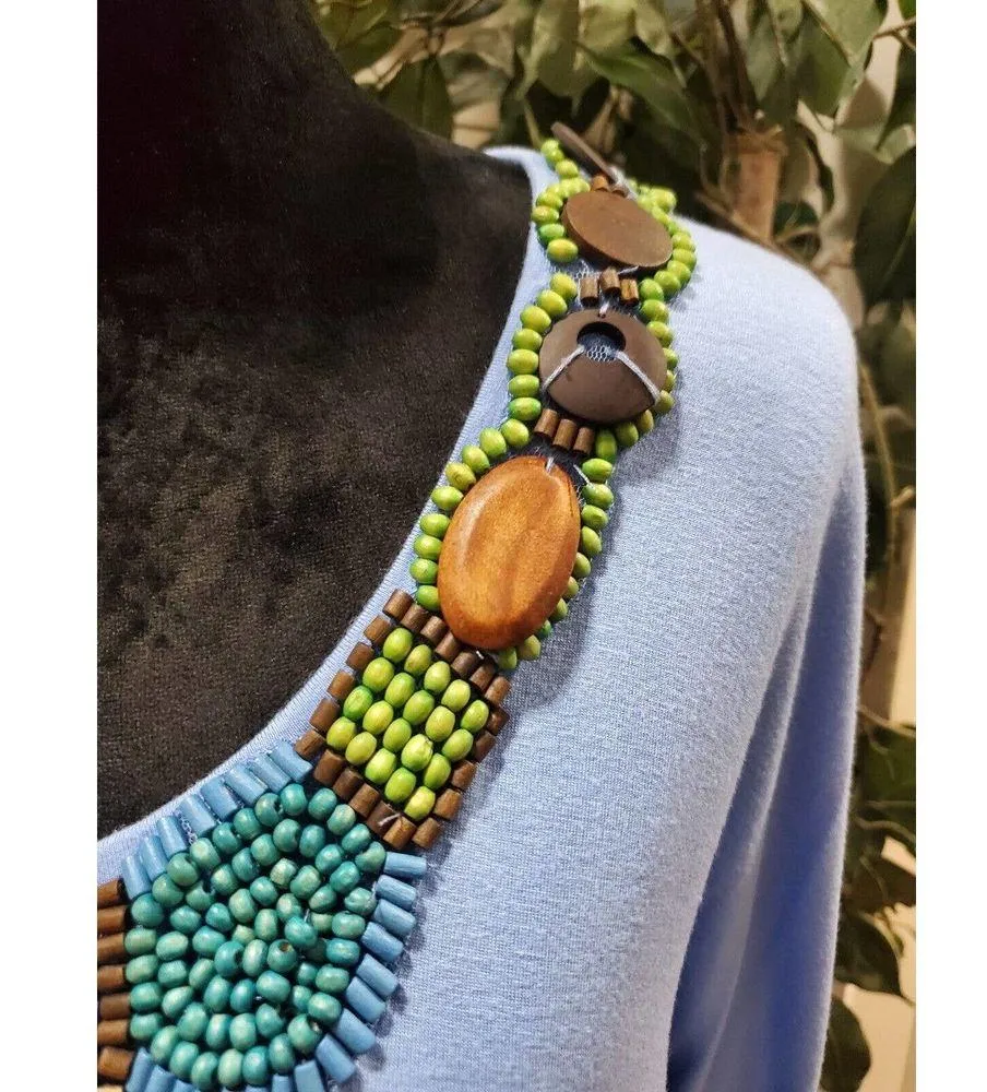 Strazzi Beaded Blue Solid Rayon Round Neck Short Sleeve Top Blouse Size Small - Image 10