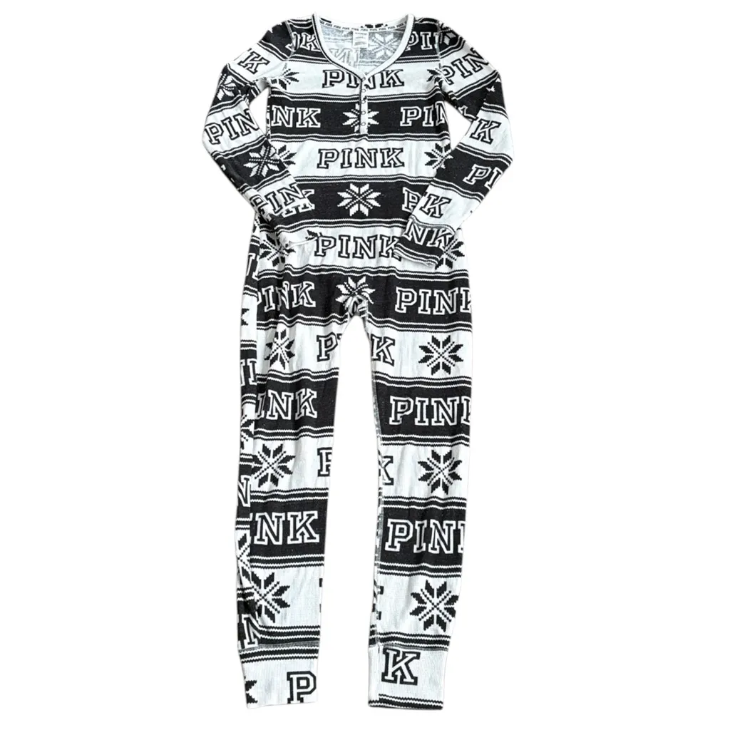 Like New PINK Victoria’s Secret Thermal Onesie Pajamas Black White Size Medium - Image 3