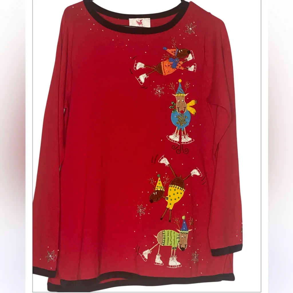 Quacker Factory Small Red
Christmas Reindeer Ice Skating
Sweater Y2K Whimsical - Image 3