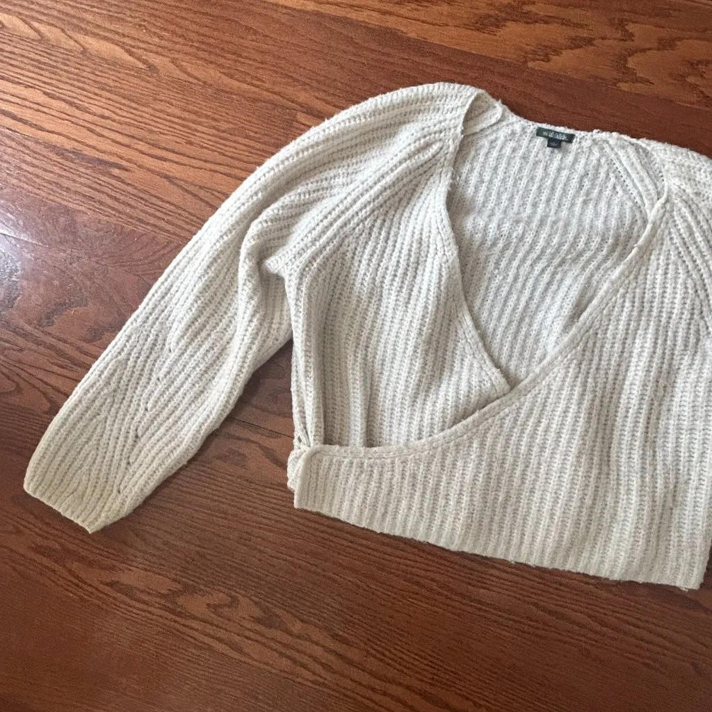Wild Fable Wrap Sweater Pointelle Sleeves V Neck Ivory Size Small Chunky Knit - Image 4