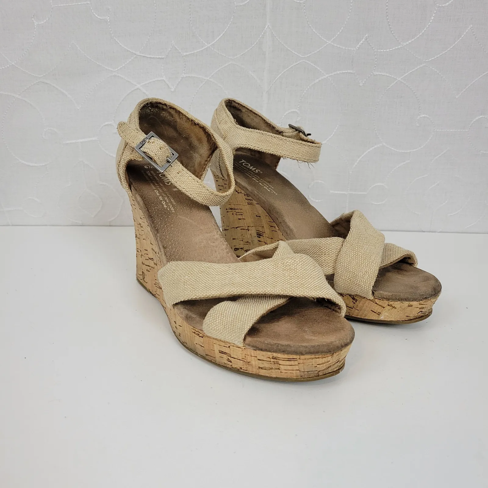 TOMS Sienna Womens Sandals Size 9 Cream Canvas‎ Crisscross Open Toe Cork Wedge - Image 3