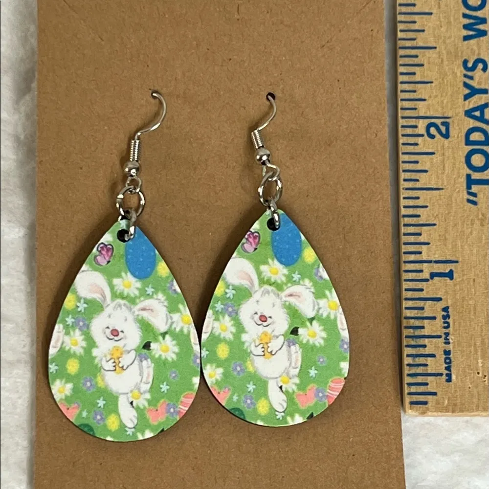Easter Bunny Green Teardrop Dangle Pierced Earrings - Image 3