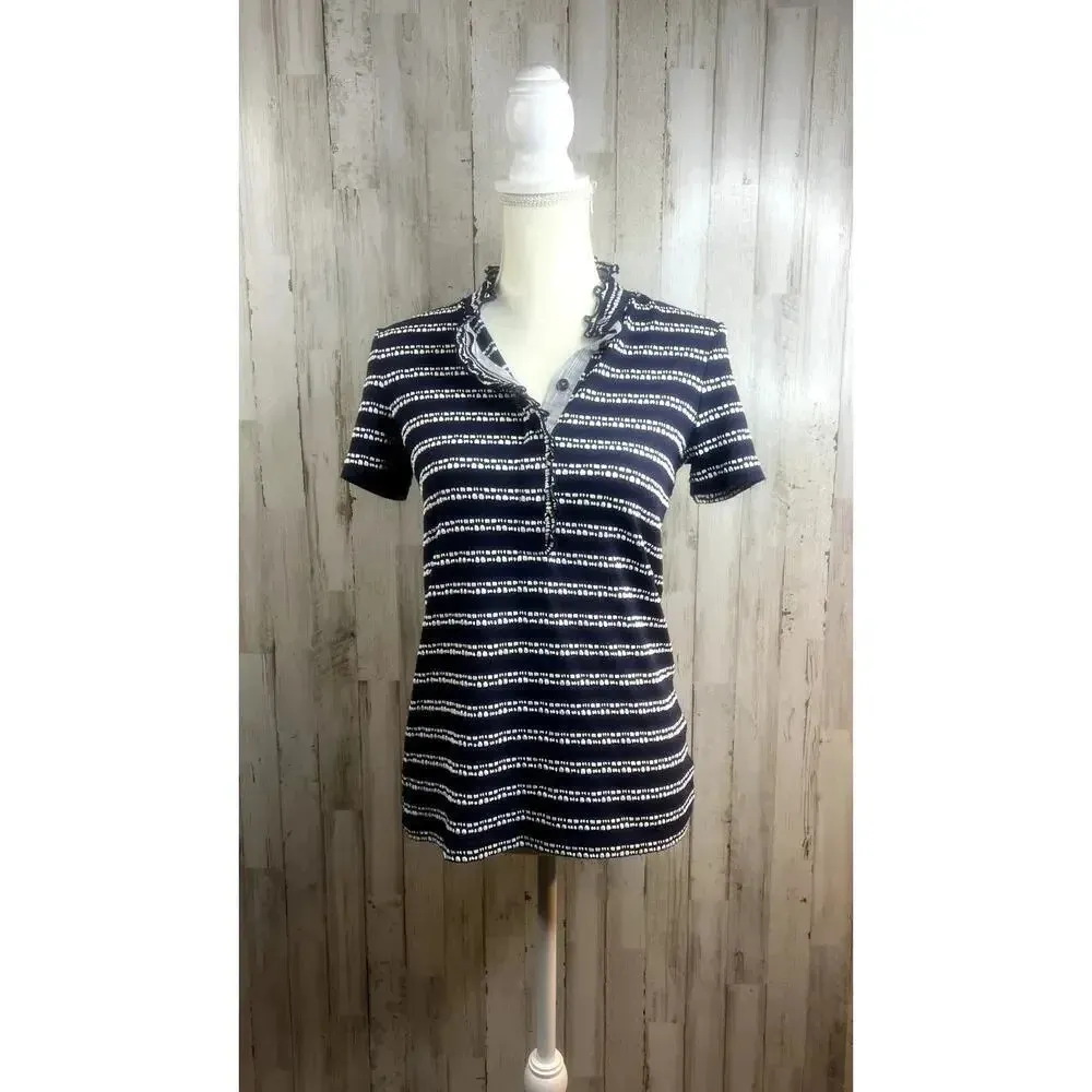Tory Burch Women's XS Polo Top Navy Black Striped Ruffle Detail‎ Short Sleeve - Image 2
