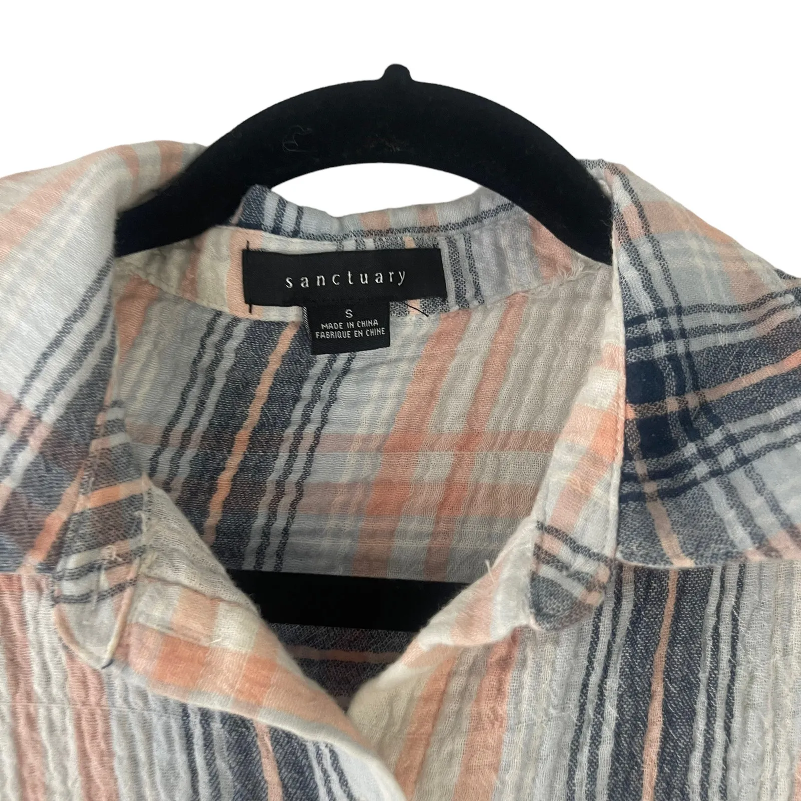 Sanctuary Women's Size Small Blue Pink Plaid Button Up‎ Gauze Short Sleeve Tie - Image 4