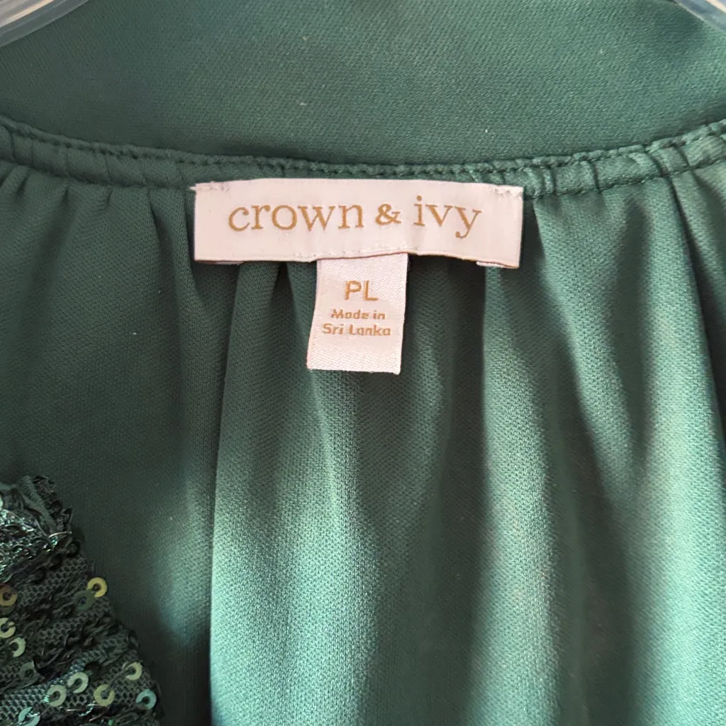 Crown & Ivy Green Sequin Blouse Size Petite Large - Image 2