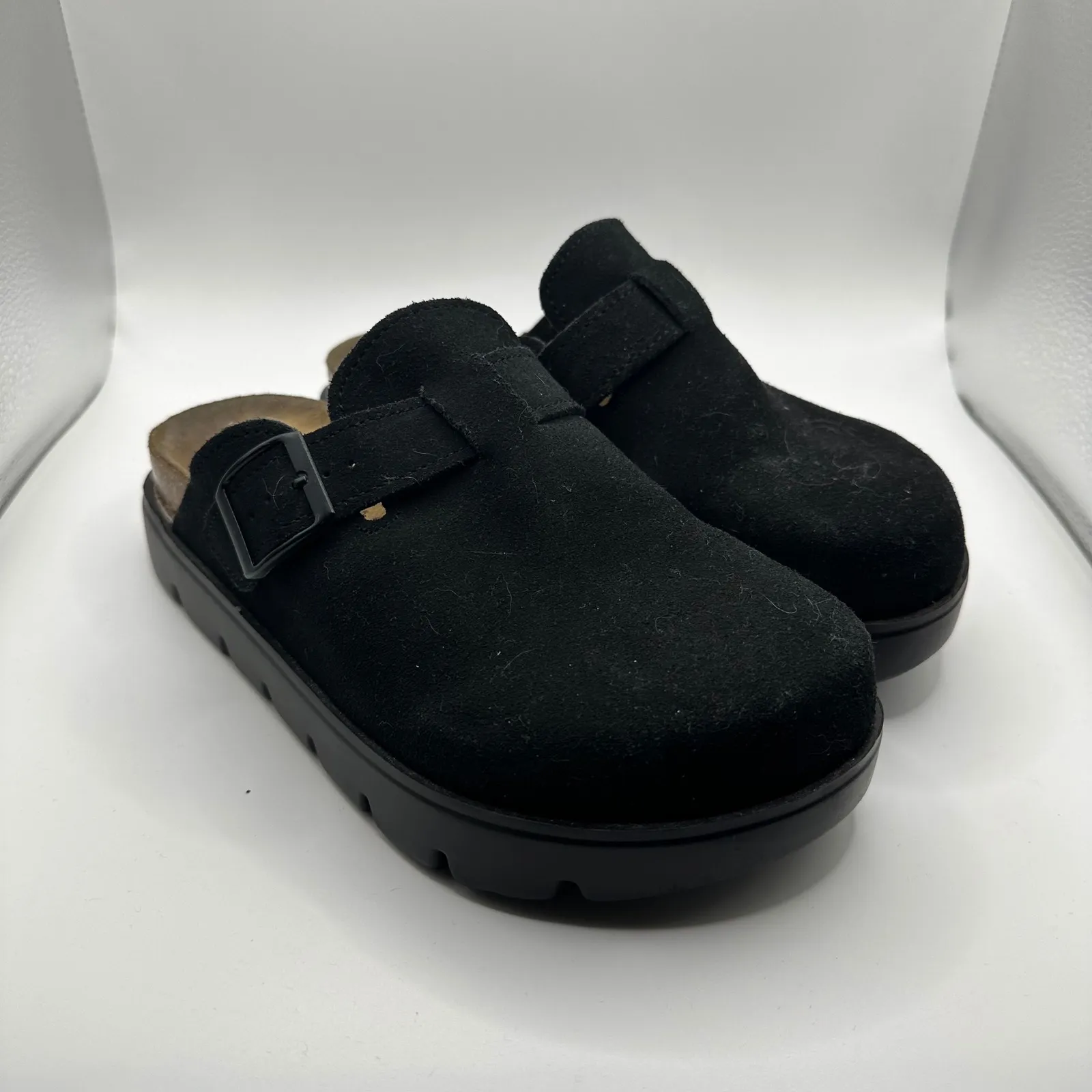 PROJECT CLOUD Black Suede Clogs Mules Cork Footbed Buckle Strap Size US 6.5 - Image 2