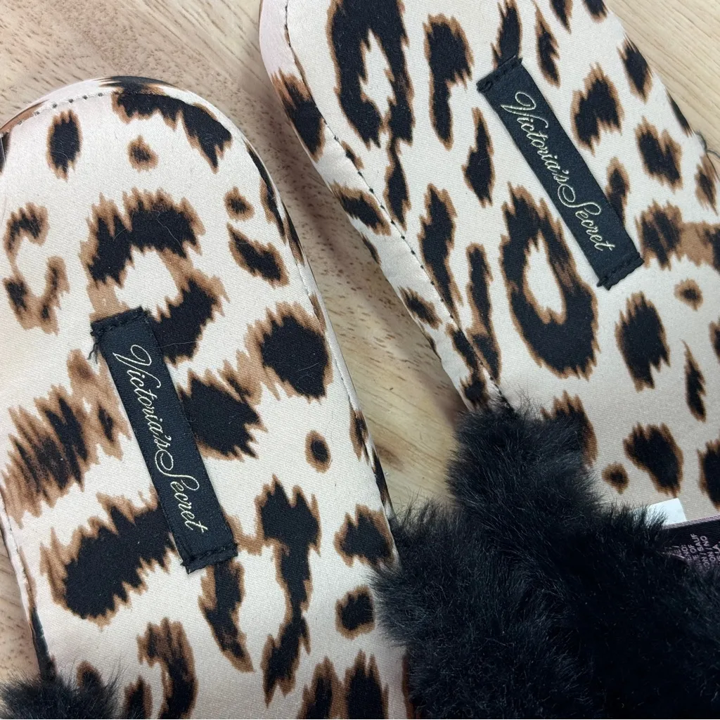 Victorias Secret Leopard Print Faux Fur Trim Satin Slippers Tan Black Medium - Image 10