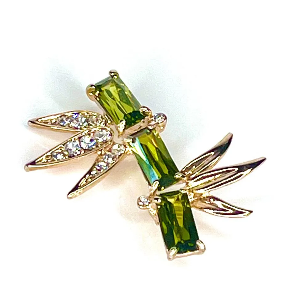 VTG Peridot Gemstone BAMBOO BROOCH Green Plant Pin Pave Crystal Gold Leaf 1.75" - Image 5