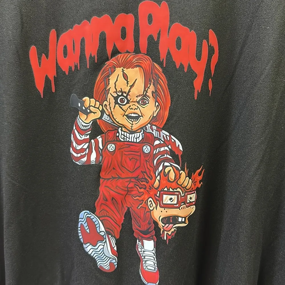 Black Fringed Chucky Wanna Play Verses Rugrats Chuckie Horror Graphic Tee Sz 4X - Image 7