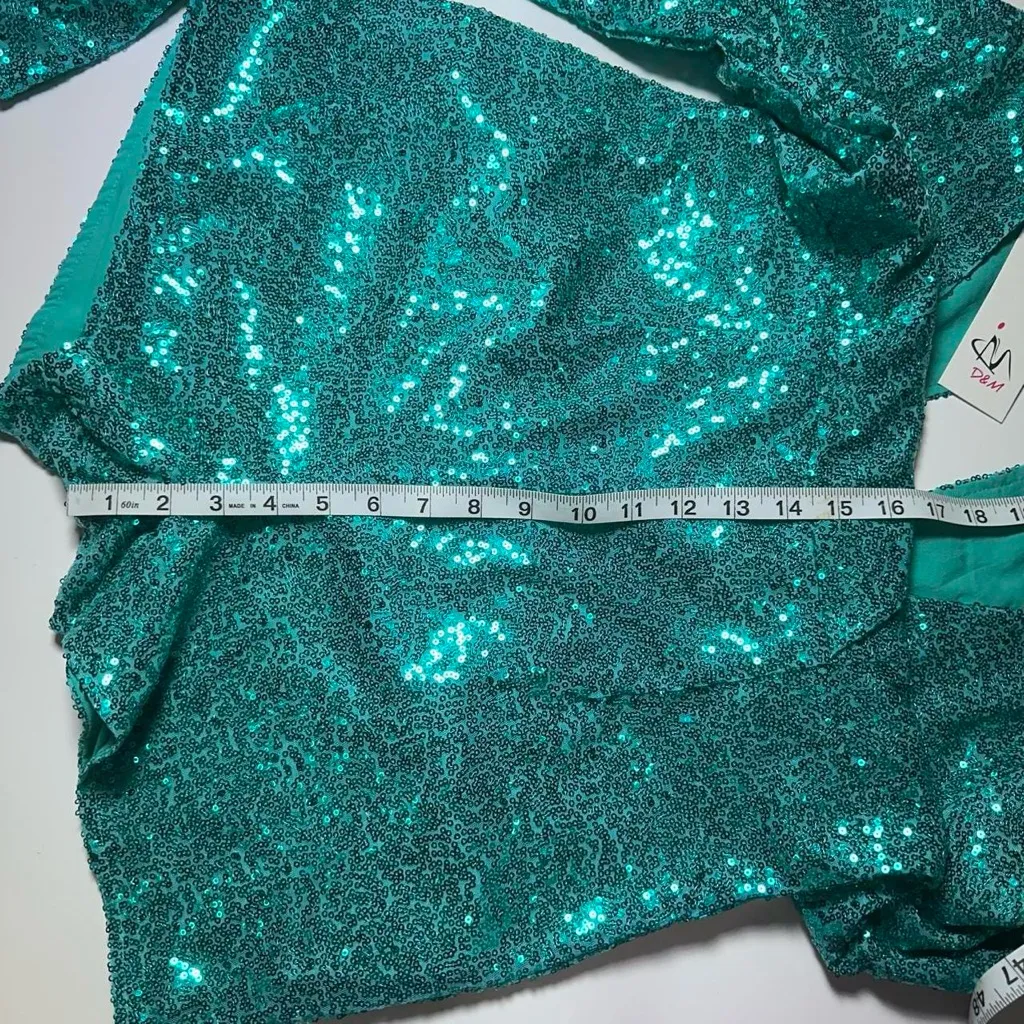 Teal Sequin Long Sleeve Romper With Shorts V Neck Wrap Style with Keyhole Back Blue - Image 6