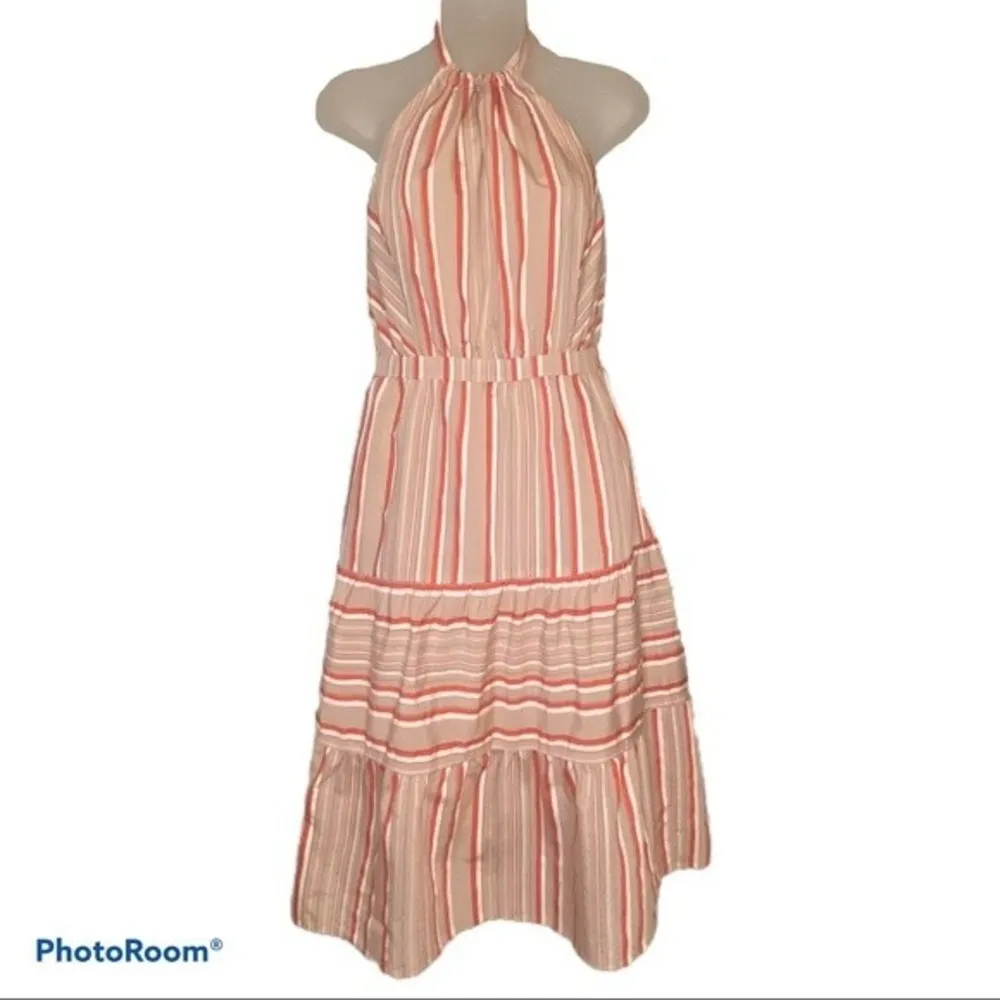 Kaari Blue Coral Tan Striped Halter Tier Dress Size Small Petite NWOT - Image 3