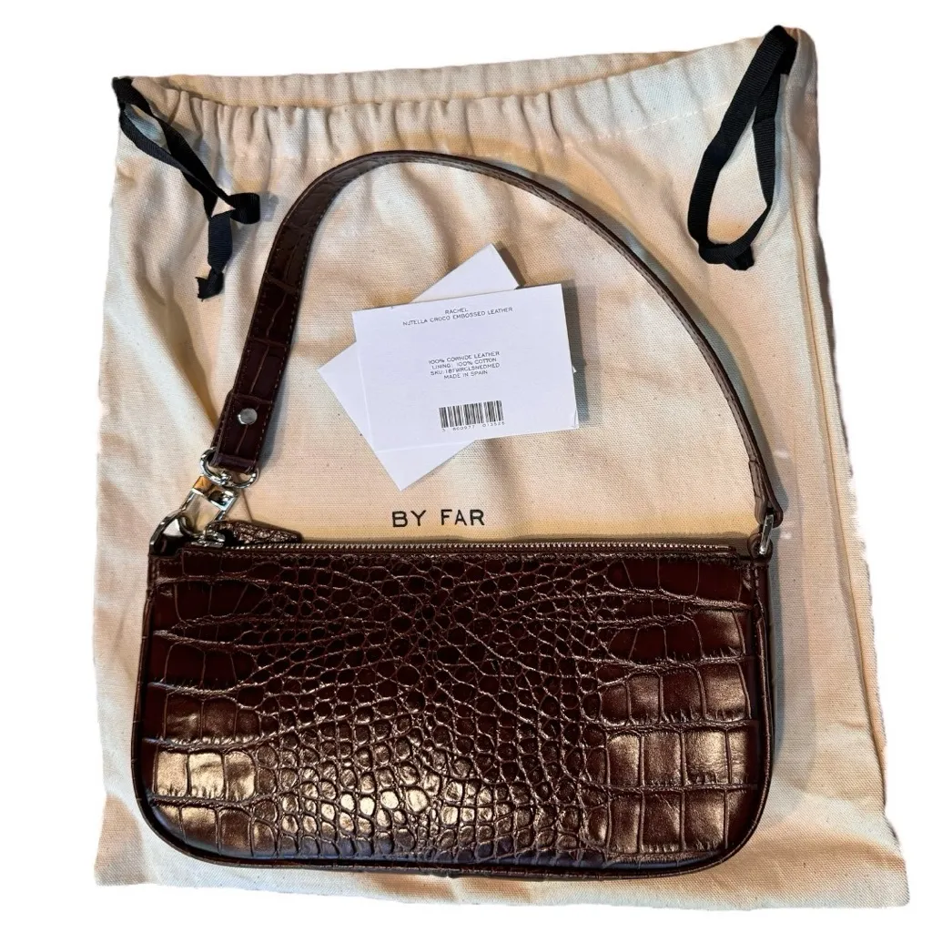 New BY FAR Rachel Nutella Croco Embossed Shoulder Bag Brown - Image 6
