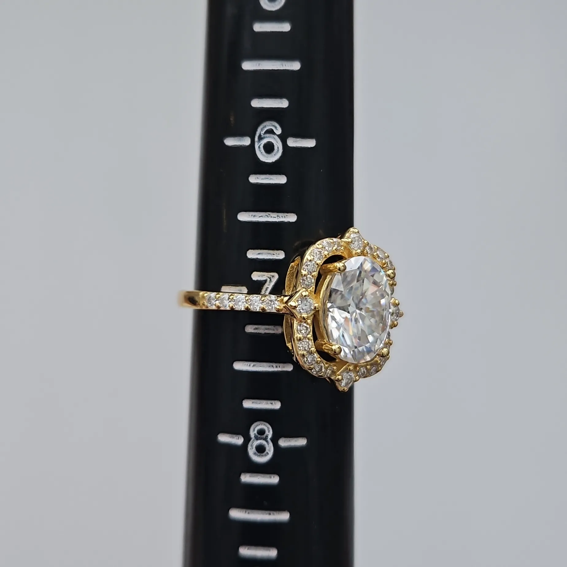 3ct Oval Scalloped Halo Iced Out Moissanite Ring. Size 7, YG Plating - Image 9