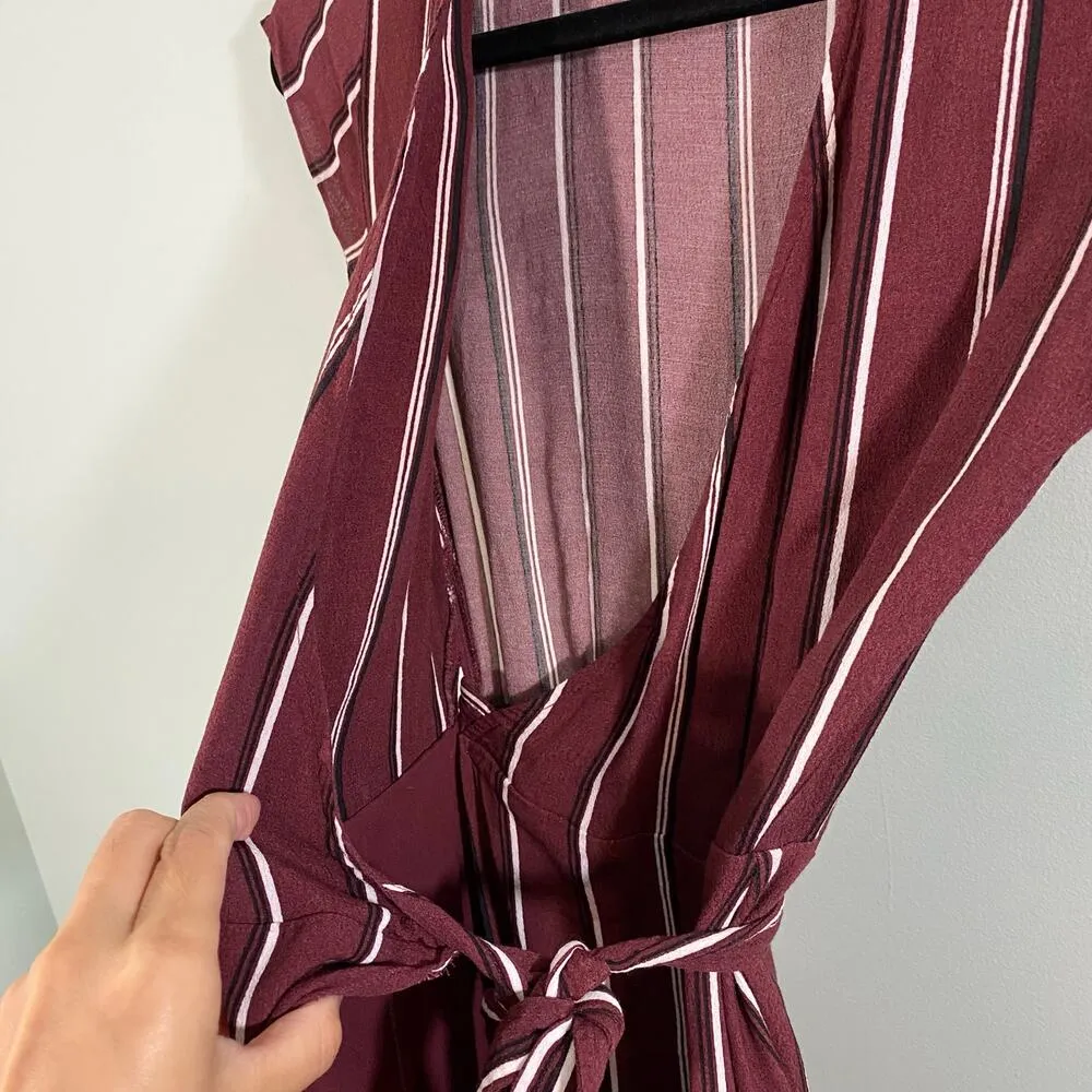 Aritzia Wilfred Free Maroon Red Striped Short Sleeve Jesse Wrap Dress Size XS - Image 4