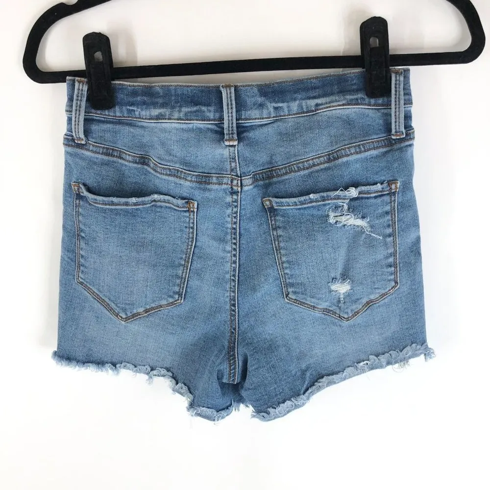 Mudd Blue Medium Wash Distressed Raw Hem High-Rise Midi Denim Jean Shorts Size 9 - Image 2