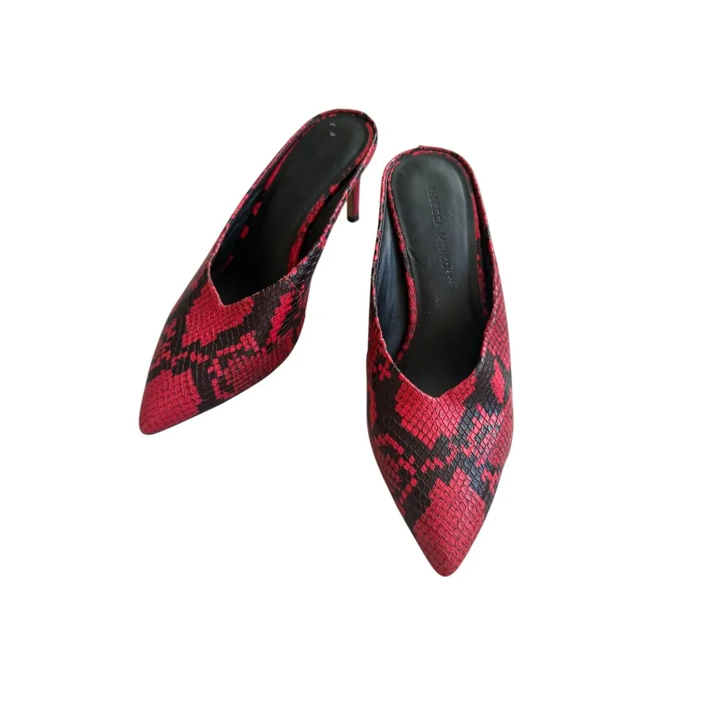 REBECCA MINKOFF Red Black Snake Print Mules Heels Size 7 - Image 6