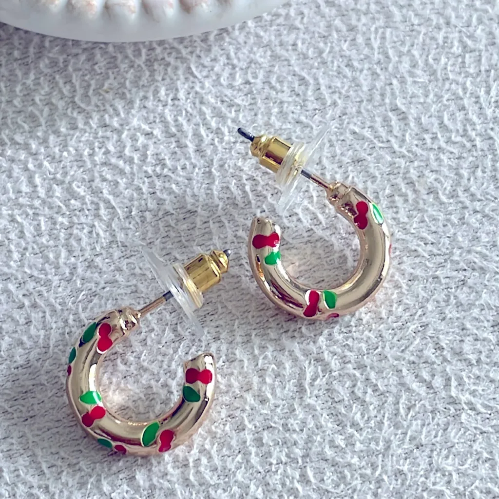 Cherry earrings on open hoop - Image 5