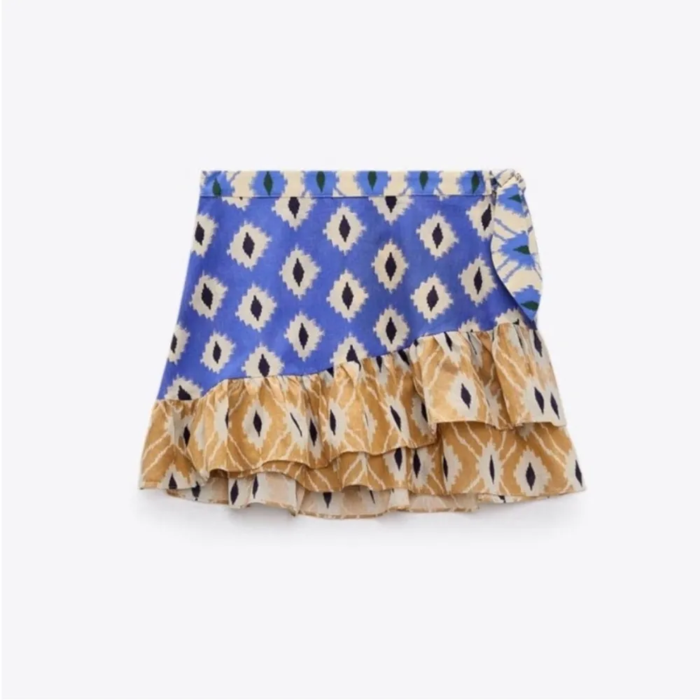 Zara skirt printed Pareo wrap flounce hem abstract blue brown skirt New size S - Image 9