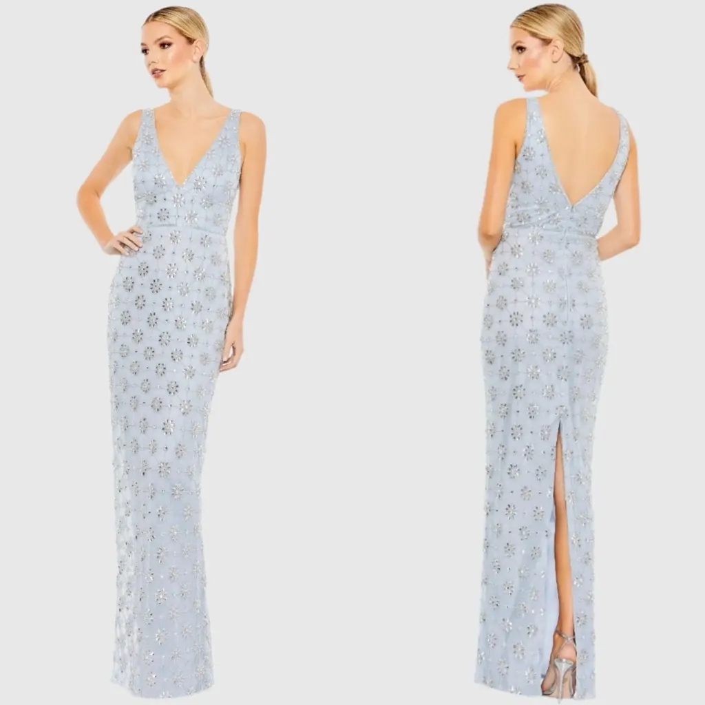 NEW NWT Mac Duggal Embellished Sleeveless V Neck Gown In Powder Blue - Image 3