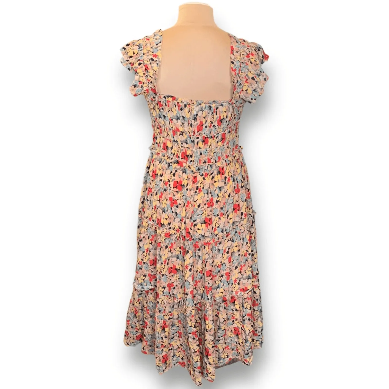 SEA New York Silk Floral Midi Dress Smocked Waist Flutter Sleeve Large New Yellow - Image 8