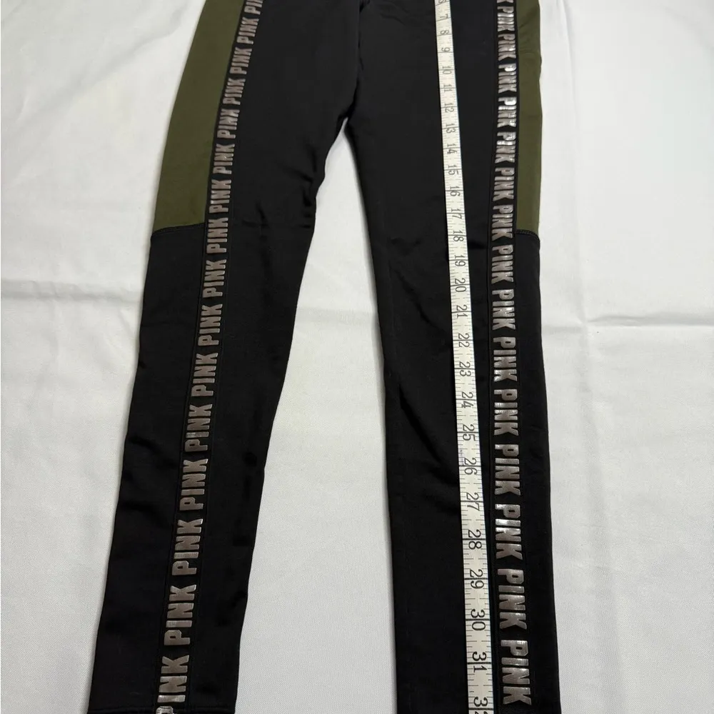 PINK Victoria's Secret Black and Green Leggings with Branded Stripe - Image 2