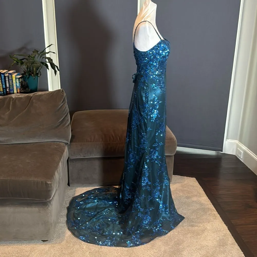 Women’s Blue/Green Mermaid Fit Prom Party Dress Sparkly Sequins Leg Slit Size 2 Blue - Image 3
