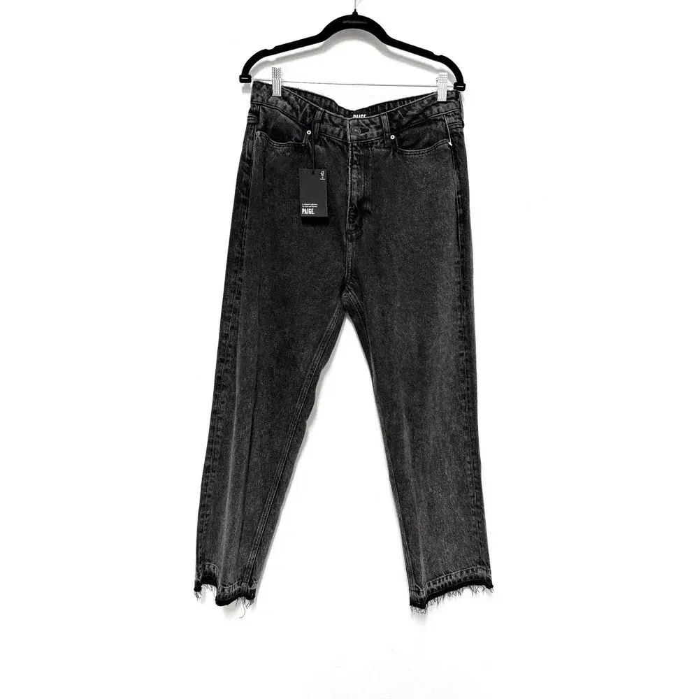 NWT $229 Paige Sarah Straight Ankle Black Denim Jean - Distressed Frayed Hem - Image 4