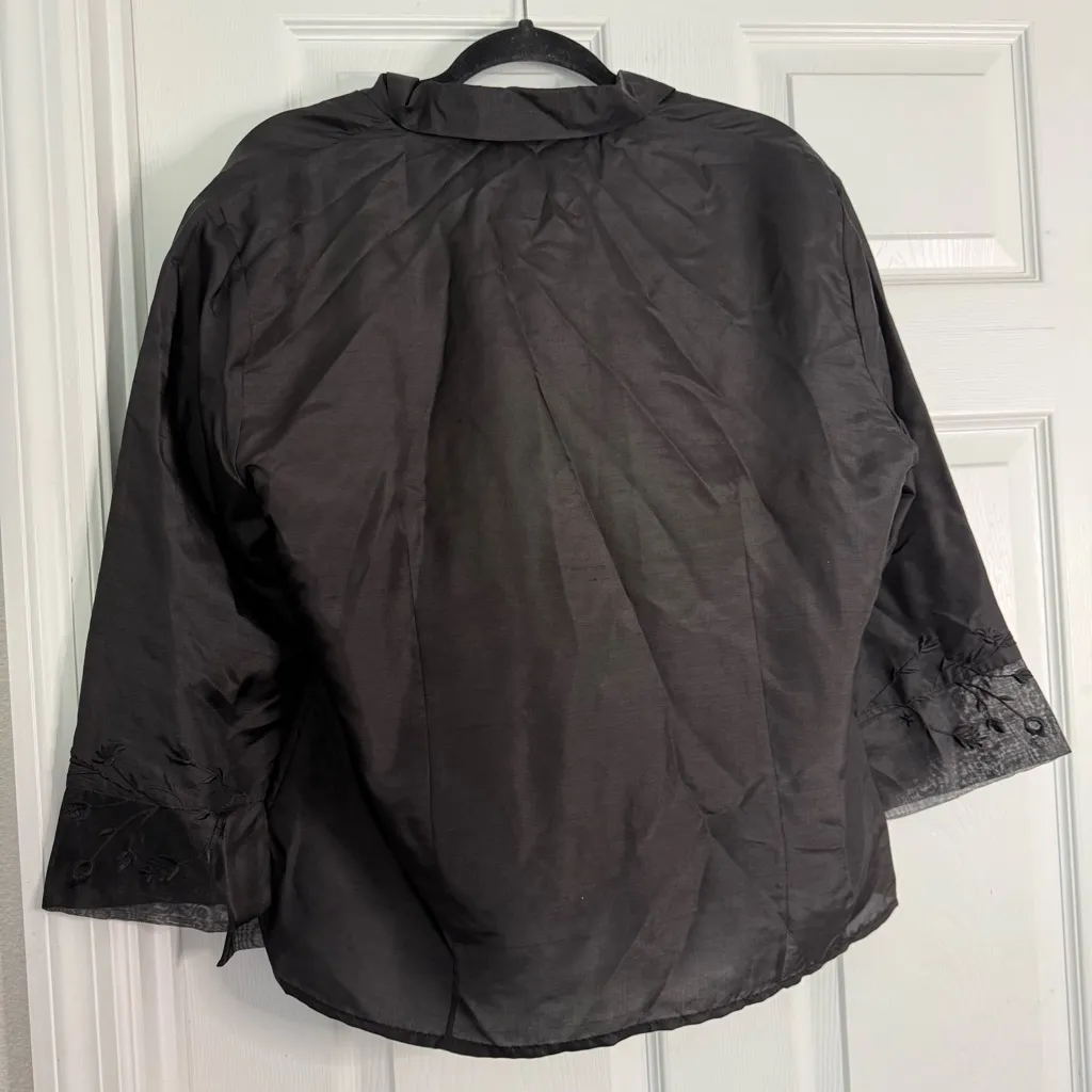 SilkLand Classic Vintage Black Silk Embroidered Button Down Shirt XL - Image 4