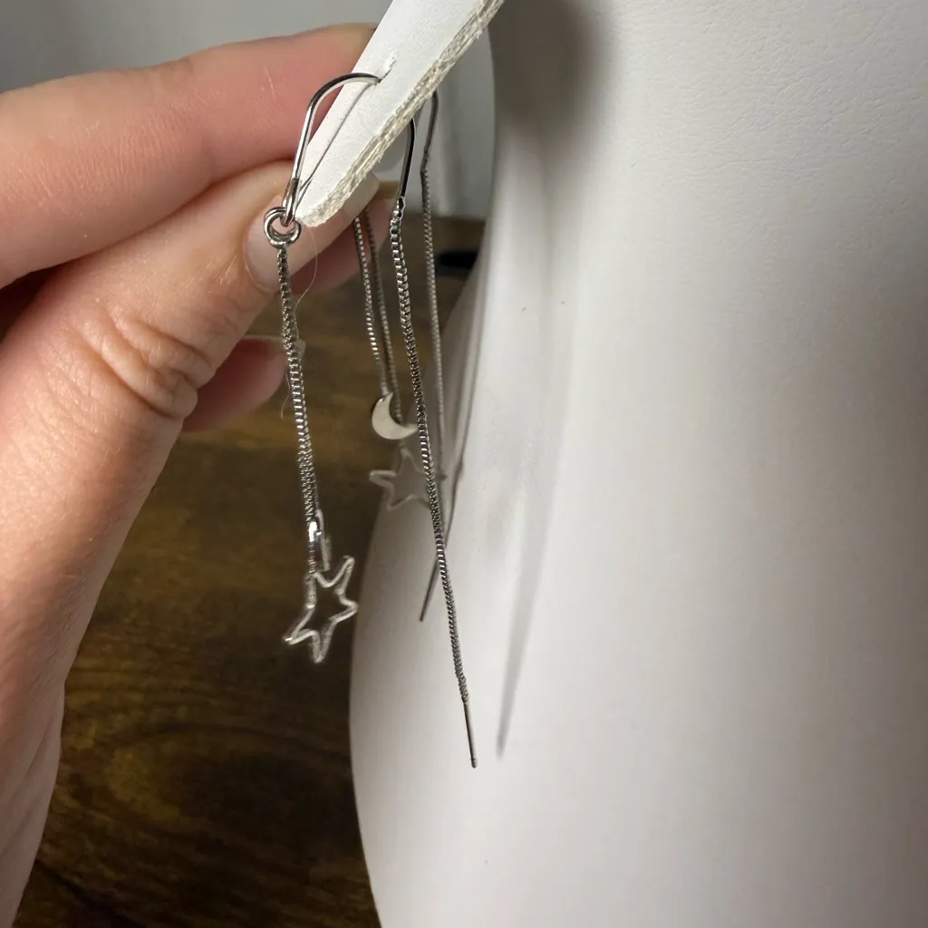 Silver Moon and Star Threader Tassel Chain Earrings - Image 5