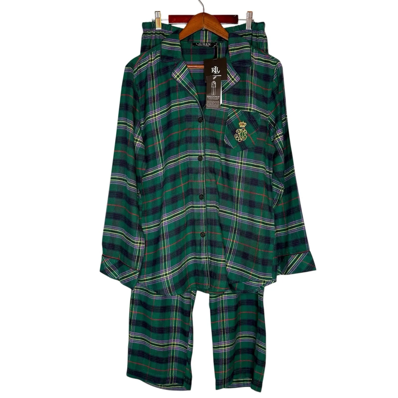 NWT LRL Ralph Lauren M Brushed Twill 2PC PJ Set Plaid Green Pajamas Black Label Size M - Image 4