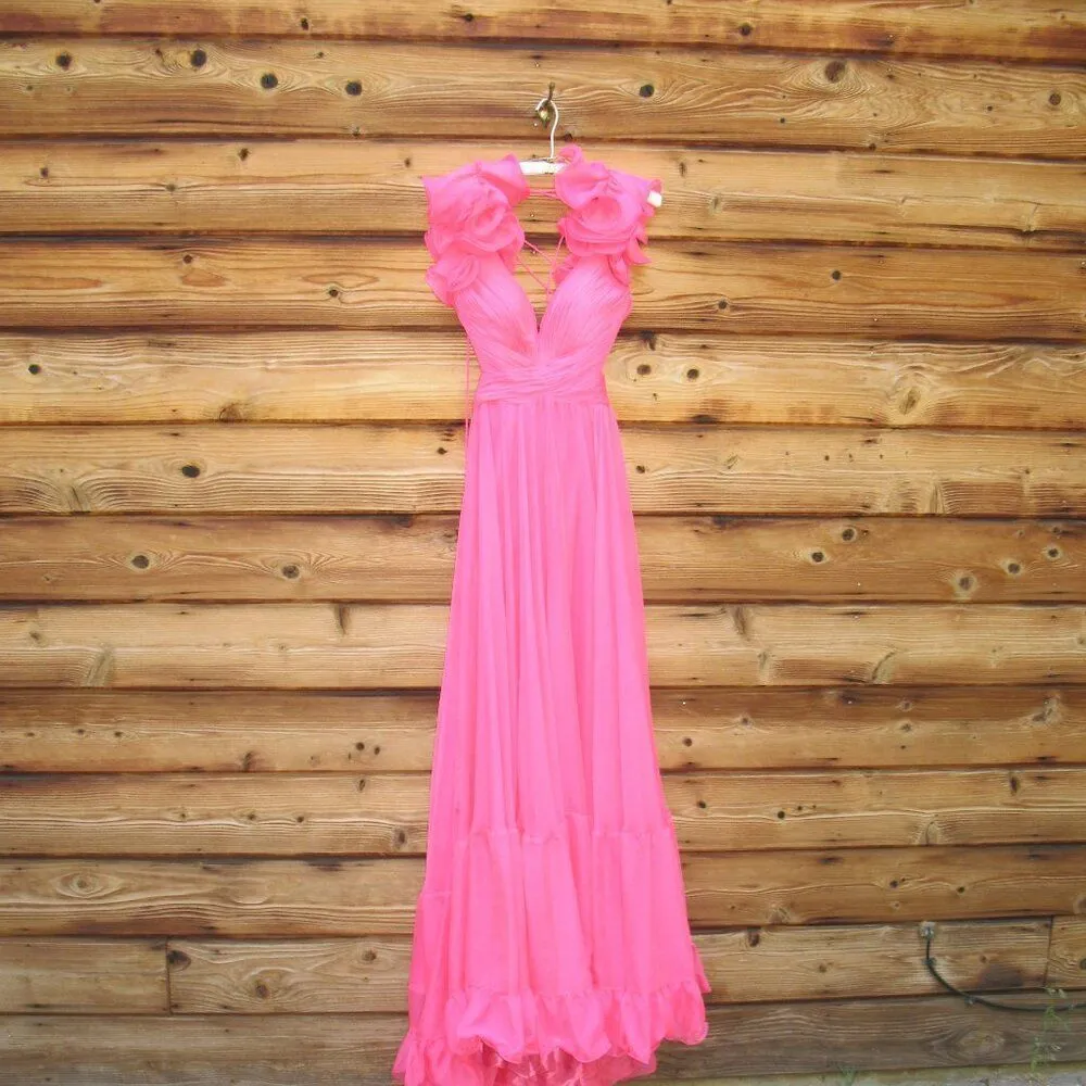 NWT Mac Duggal Ruffle Tiered Cut Out Chiffon Gown 67911 Hot Pink Size  4 - Image 5