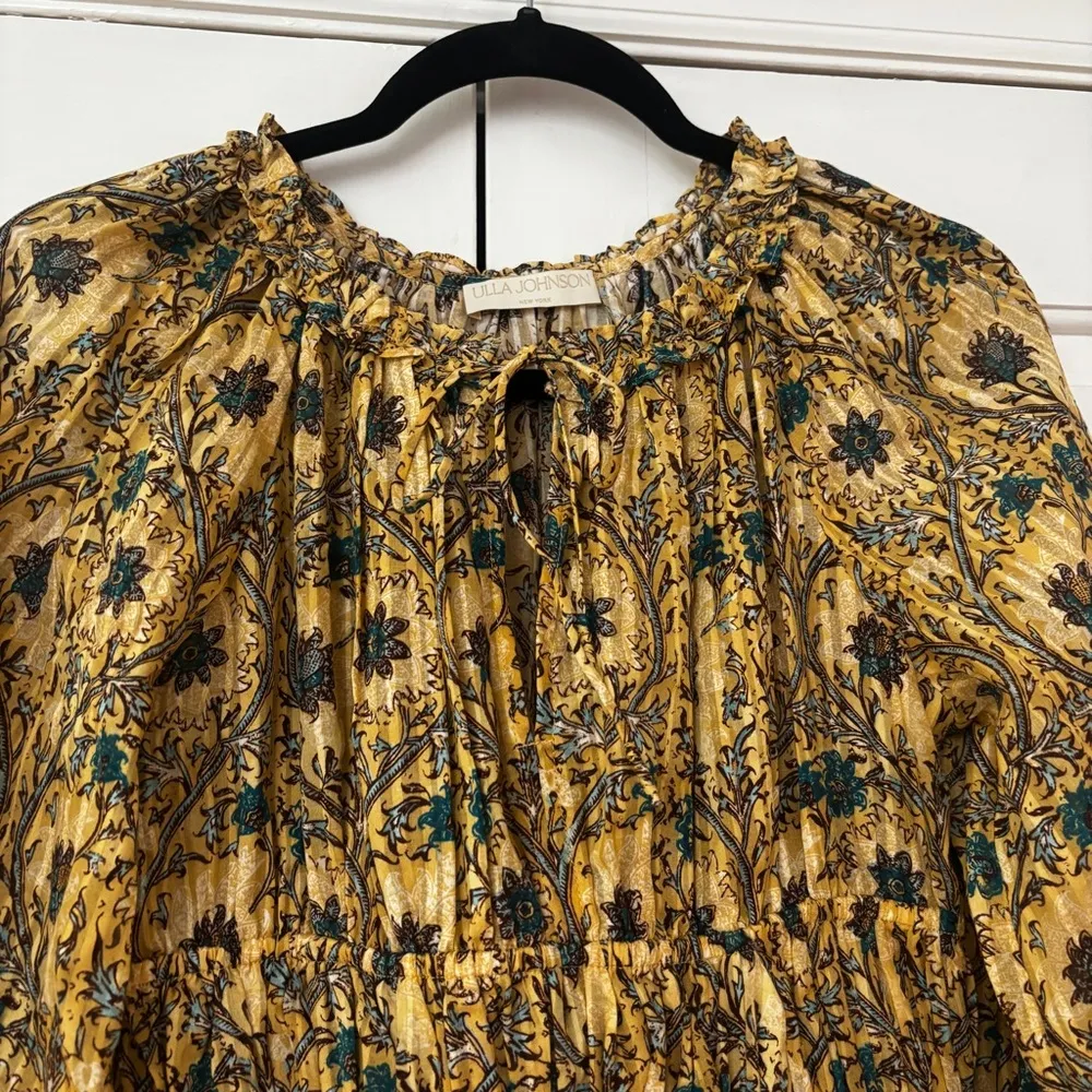 ULLA JOHNSON Val Daylily Yellow Mini Dress Floral Print Cotton Voile Size‎ 00 XS - Image 3