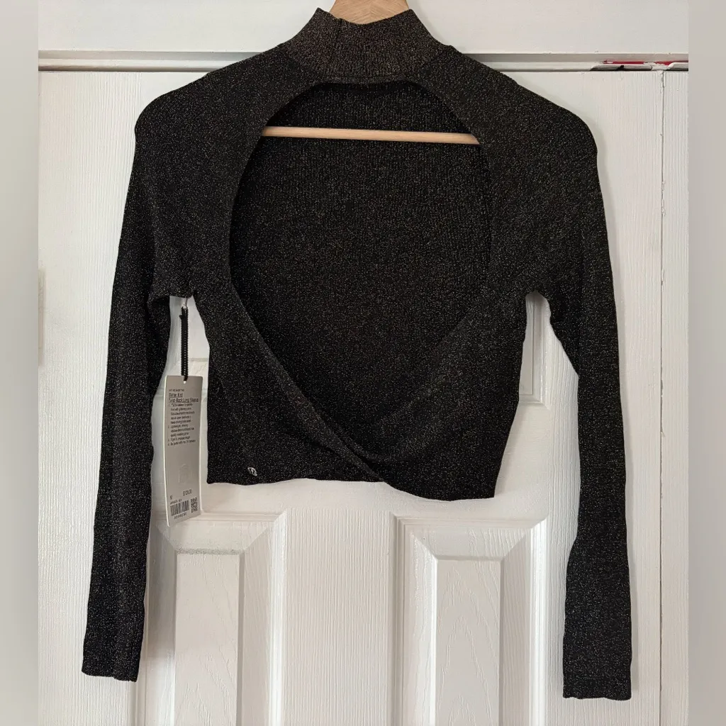 Lululemon Black Glitter Knit Twist Back Long Sleeve Top Size Medium‎ NWT - Image 5